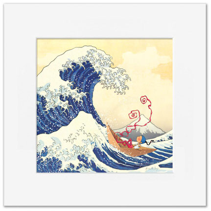 Illustration de Timliot dans un bateau en papier sous une grand evague
