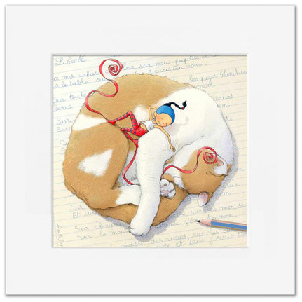 Illustration de Timeliot sur un chat bi color.Il lui tire les moustaches