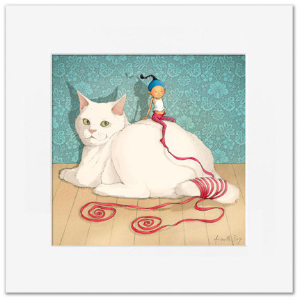 Illustration d'un chat blanc. Timeliot est assis sur son dos