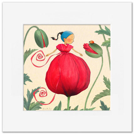 Illustration de Timeliot avec une robe coquelicot. Il regarde une coccinelle