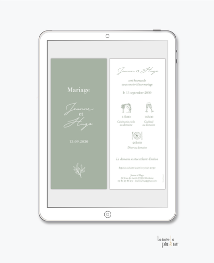 faire-part mariage numérique-faire part mariage digital-faire part numérique-faire part mariage electronique -faire-part à envoyer par mms-par mail-réseaux sociaux-whatsapp-facebook-messenger- pictogramme-chic-raffiné-elegant-simple-vert sauge-