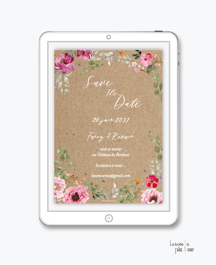Save the date mariage numérique-Save the date mariage digital-Save the date numérique-Save the date mariage electronique -Save the date à envoyer par mms-par mail-réseaux sociaux-whatsapp-facebook-messenger-fleurs-bouquet-pivoines-eucalyptus-kraft-floral