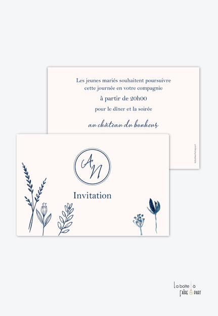 Carton invitation mariage-Invitation mariage- tiges végétales-fleurs-initial prénom-monogramme-champêtre-recto/verso