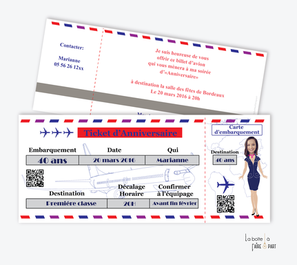 Invitation anniversaire femme - carte invitation  anniversaire femme-billet d'avion-hotesse de l'air-voyage-monde-