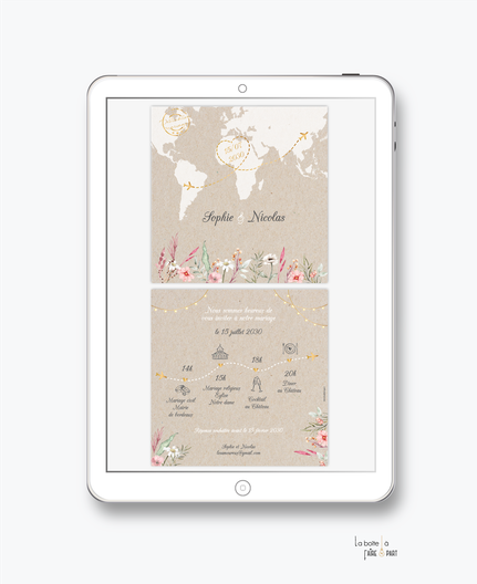 faire-part mariage-faire part mariage digital-faire part mariage numérique-invitation mariage electronique -faire-part à envoyer par mms-par mail-réseaux sociaux-whatsapp-facebook-messenger-fleur sauvage-kraft-mappemonde-champêtre-pictogramme-guirelande