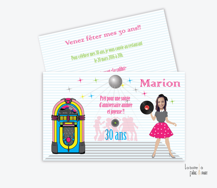 Invitation anniversaire femme- carte invitation anniversaire femme-jubox-année 50-disco-vinyl