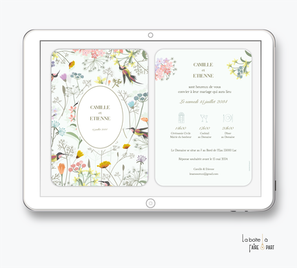 faire-part mariage-faire part mariage digital-faire part mariage numérique-faire part mariage electronique -faire-part à envoyer par mms-par mail-réseaux sociaux-whatsapp-facebook-messenger-élégance- le romantisme-oiseau-colibri-pictogramme-fleurs-bouquet