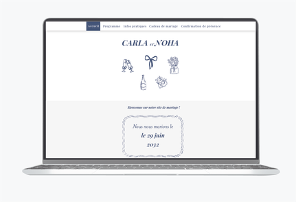 Site de mariage-Site internet de mariage-wedding website-assorti au faire-part -pictogrammes-vase-flute à champagne -bouteille-coeur