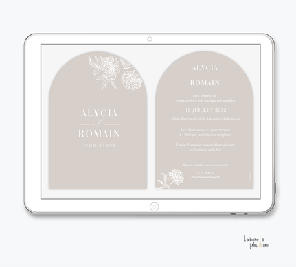 faire-part mariage -faire part mariage digital-faire part mariage numérique-faire part mariage electronique -faire-part à envoyer par mms-par mail-réseaux sociaux-whatsapp-facebook-messenger-arche-fleurs de pivoine-effet relief