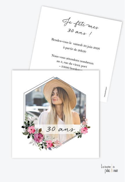 invitation anniversaire femme-carte d'invitation anniversaire femme 20ans-30ans-40ans-50ans-60ans-70ans-avec photo-bouquet de fleur-champêtre-fleuri - format carré