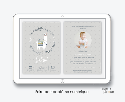 faire-part baptême garçon numérique-électronique-pdf-lama couronne- à imprimer soi-même-à envoyer par mms ou sms-réseaux sociaux