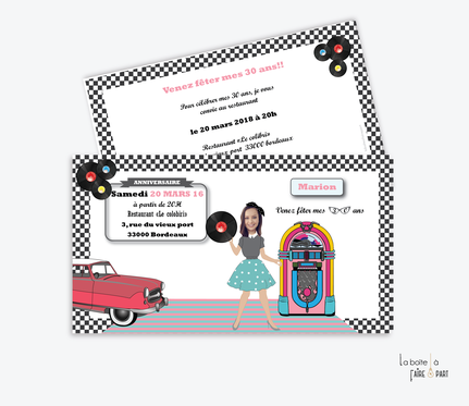 carte d'invitation anniversaire femme-Invitation anniversaire femme- année50-jukebox-vinyl-voiture americaine-disco-