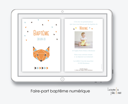 faire-part baptême garçon numérique-électronique-pdf-origami renard-tendance-à imprimer soi même-à envoyer par mms ou sms-réseaux sociaux