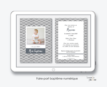 faire-part baptême garçon numérique-électronique-pdf-elephant couronne-graphique art deco-polaroid- motif retro -noir et blanc-à imprimer soi-même-à envoyer par mms ou sms-réseaux sociaux