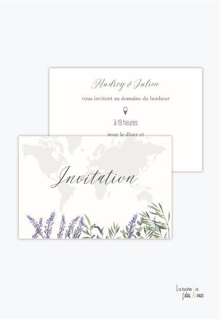 Carton invitation mariage-Invitation mariage-planisphère-lavande-olivier-provençale-provence-le monde- chic-elegant-champêtre