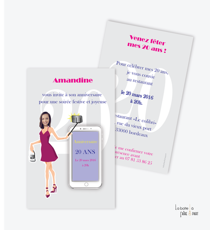 Invitation anniversaire femme -carte d'invitation anniversaire femme-selfie-smartphone-i phone