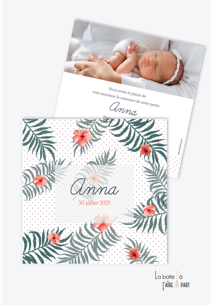 faire part naissance fille -format carré-tropical-exotique-jungle-feuille de palmier-palme -hibiscus-photo-flamant rose-motif à pois-fleurs