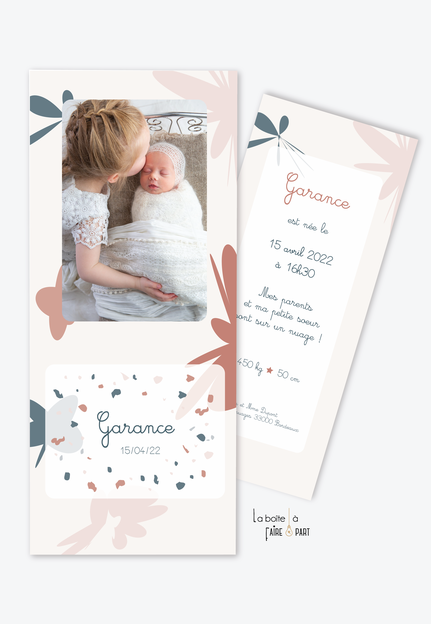 faire part naissance fille-motifs abstrait-motif coloré-motif terrazzo-photo-format marque page-