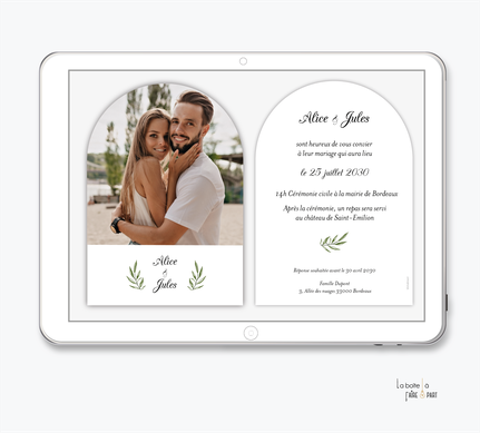 faire-part mariage-faire part mariage digital-faire part mariage numérique-faire part mariage electronique -faire-part à envoyer par mms-par mail-réseaux sociaux-whatsapp-facebook-messenger-sauge-champêtre-vert-forme arche