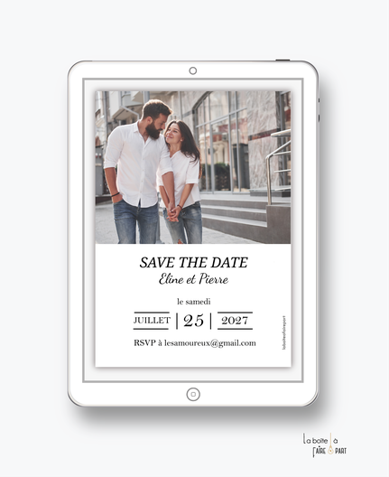 Save the date mariage numérique-Save the date mariage digital-Save the date numérique-pdf numérique-Save the date mariage electronique -Save the date à envoyer par mms-par mail-réseaux sociaux-whatsapp-facebook-messenger-Photo-chic-moderne-