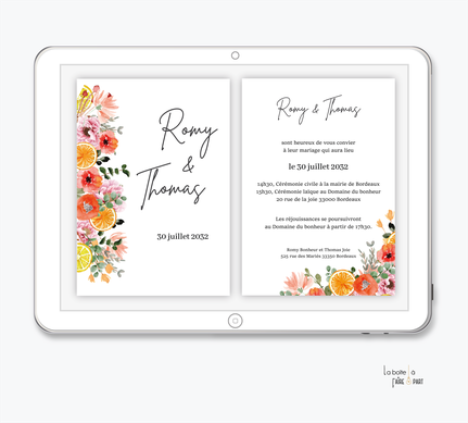 faire-part mariage numérique-faire part mariage digital-faire part numérique-faire part mariage electronique -faire-part à envoyer par mms-par mail-réseaux sociaux-whatsapp-facebook-messenger-fleur coloré-citron-orange-agrume-fruits-eucalyptus-coquelicot