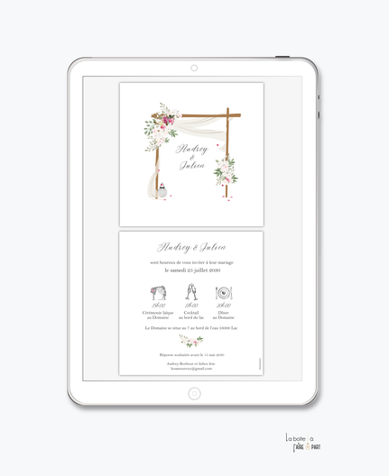 faire-part- invitation mariage numérique-faire-part digital-faire part mariage electronique -faire-part à envoyer par mms-par mail-réseaux sociaux-whatsapp-facebook-messenger-mariage laïque-arche-fleurs-lanterne-voilage-tenture-sauge
