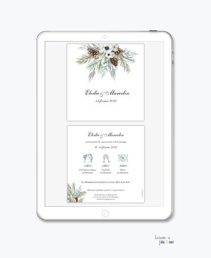 faire-part mariage-faire part mariage digital-faire part mariage numérique-faire part mariage electronique -faire-part à envoyer par mms-par mail-réseaux sociaux-whatsapp-facebook-messenger-pigne de pin-tige de pin-fleurs-noël-pomme de pin-hiver-