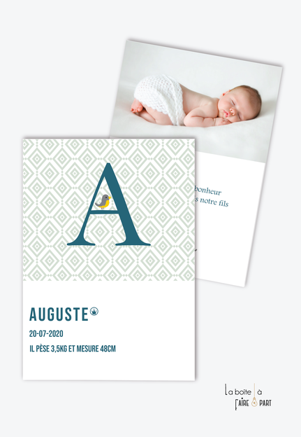 Faire Part Naissance Garçon Monogramme Petit Oiseau