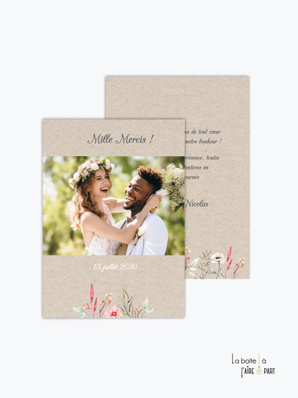 carte de remerciements mariage-fleurs sauvages-kraft-mappemonde-doré-champêtre - avec photo