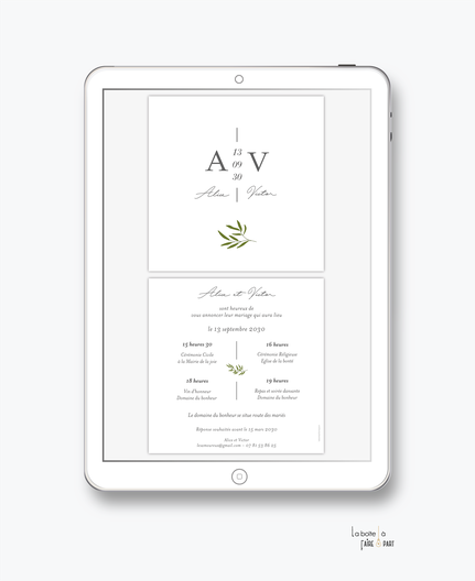 faire-part mariage-faire part mariage digital-faire part mariage numérique-faire part mariage electronique -faire-part à envoyer par mms-par mail-réseaux sociaux-whatsapp-facebook-messenger-brin d'olivier- epuré-noir et blanc-monogramme-simple