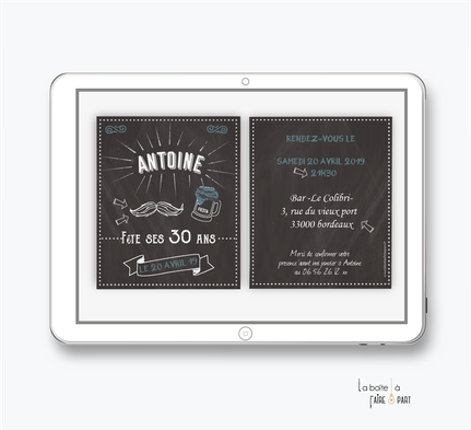 Invitation anniversaire homme numérique-Invitation électronique-Invitation numérique-imprimable-pdf numérique-Invitation connecté-Invitation anniversaire à envoyer par mms-par mail-réseaux sociaux-whatsapp-facebook-Ardoise moustache-chope de biere