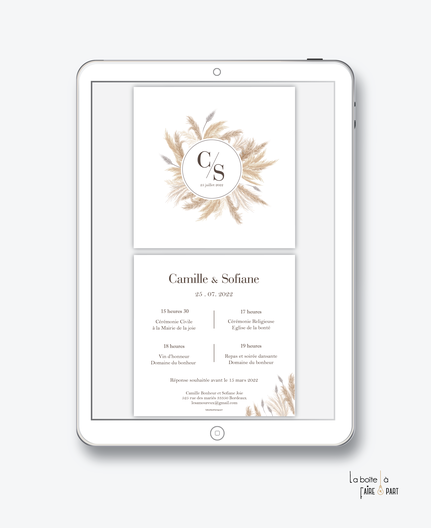 faire-part mariage-faire part mariage digital-faire part mariage numérique-faire part mariage electronique -faire-part à envoyer par mms-par mail-réseaux sociaux-whatsapp-facebook-messenger-couronne de pampas-monogramme-champêtre-bohème-