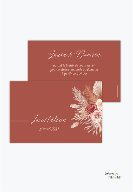 Carton invitation mariage-Invitation mariage-fleurs séchées-pampas-pivoine-rose-bohème-terracotta