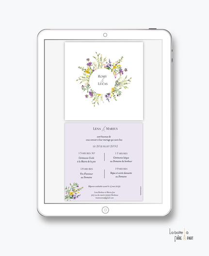 faire-part mariage-faire part mariage digital-faire part numérique-faire part mariage electronique -faire-part à envoyer par mms-par mail-réseaux sociaux-whatsapp-facebook-messenger-champetre-bouquet de fleurs-des champs-sauvage-violet-jaune-