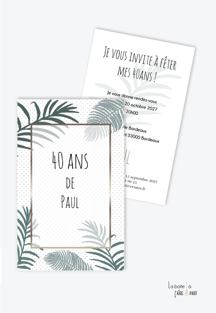 invitation anniversaire homme -carte d'invitation anniversaire homme 20ans-30ans-40ans-50ans-60ans-70ans-jungle-tropical-exotique-palmier-feuille de palmier pois marron