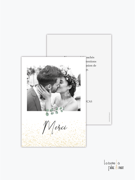 carte de remerciements mariage-romantique-chic-avec photo-eucalyptus-doré