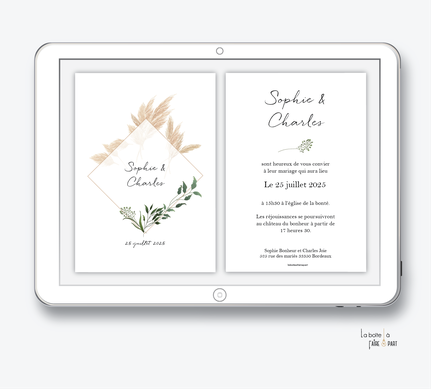 faire-part mariage-faire part mariage digital-faire part mariage numérique-invitation mariage-faire part mariage electronique -faire-part à envoyer par mms-par mail-réseaux sociaux-whatsapp-facebook-messenger--pampa-feuillage-losange-végétal