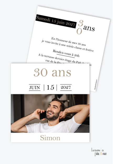 invitation anniversaire homme-carte d'invitation anniversaire homme 20ans-30ans-40ans-50ans-60ans-70ans - format carré-photo-noir et blanc