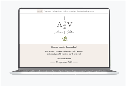 Site de mariage-Site internet de mariage-wedding site- assorti au faire-part-brin d'olivier- epuré-noir et blanc-monogramme-simple