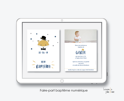 faire-part baptême garçon numérique-électronique-pdf-renard chapeau- à imprimer soi-même-à envoyer par mail-sms-mms-réseaux sociaux