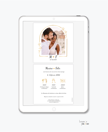 faire-part mariage-faire part mariage digital-faire part mariage numérique-faire part mariage electronique -faire-part à envoyer par mms-par mail-réseaux sociaux-whatsapp-facebook-messenger-oriental-dentelle-or-doré-photo-ecru-marocain-fleurs-arche-coeu