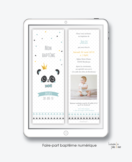 faire-part bapteme garçon numérique-électronique-pdf-panda couronne-noeud papillon-à imprimer soi-même-réseaux sociaux-a envoyer par mms-sms