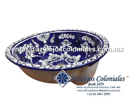 <img src="Lavabo decorado de Talavera.jpg" alt=" Lavabo Decorado de Talavera Azul con Blanco Modelo Redondo para sobre empotrar, hecho y decorado en México 100% a mano" />