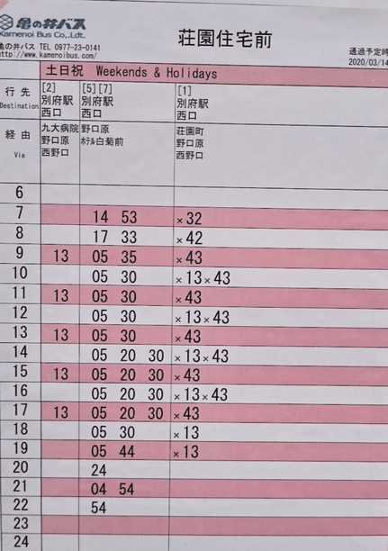 大分別府頭痛専門ここまろ調整院から別府駅へ向かうバスの時刻表（土日祝）です。