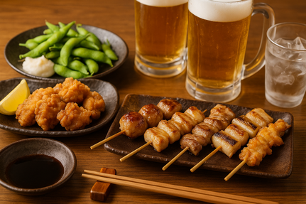 Close-up of yakitori skewers and beer on an izakaya table.