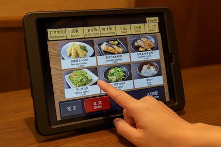 Tablet menu ordering system in a casual Japanese izakaya.