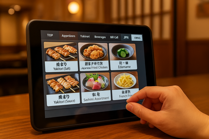 Tablet menu at a Japanese iz.akaya with English option visible