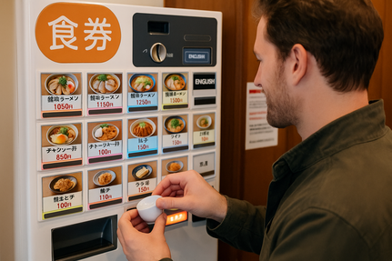 Vending machine ticket system at a ramen shop entrance.