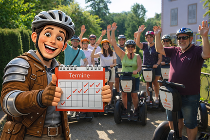 Gruppe bei Segway-Tour mit Terminplan für verfügbare Touren