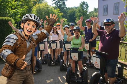 Gruppe bei Segway-Tour auf Straße mit Götzi Figur
